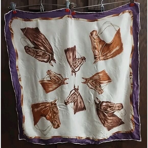 Vintage Silk Horse Scarf Horse's prints equestrian purple brown purple square - Picture 1 of 10